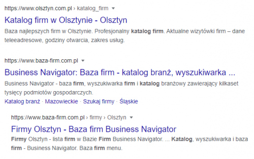 fragment wyników dla frazy „katalog firm” wyświetlanych dla użytkowników z Olsztyna